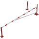Swing barrier with bracing tube and pull rope reinforcement for padlock to be fixed by plugs